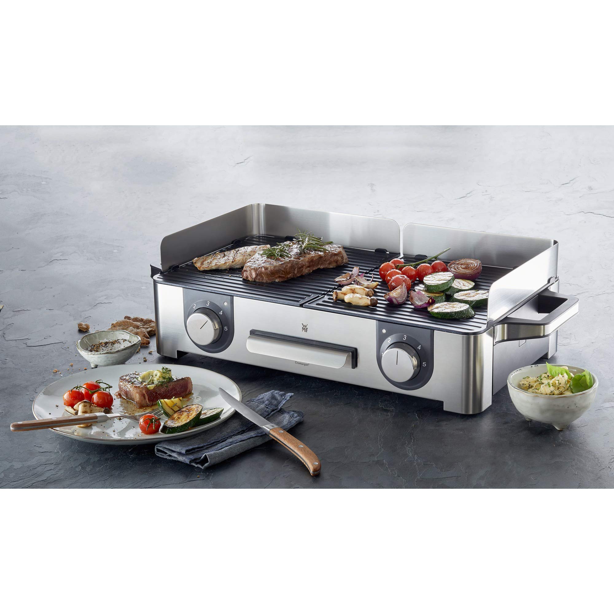 WMF Master Grill Lono, Griglia Elettrica per Interni ed Esterni con 2 Piastre Antiaderenti in Alluminio 28x50cm, Base in Acciaio Inox 18/10, Temperatura Regolabile, Facile da Pulire, 2400 W