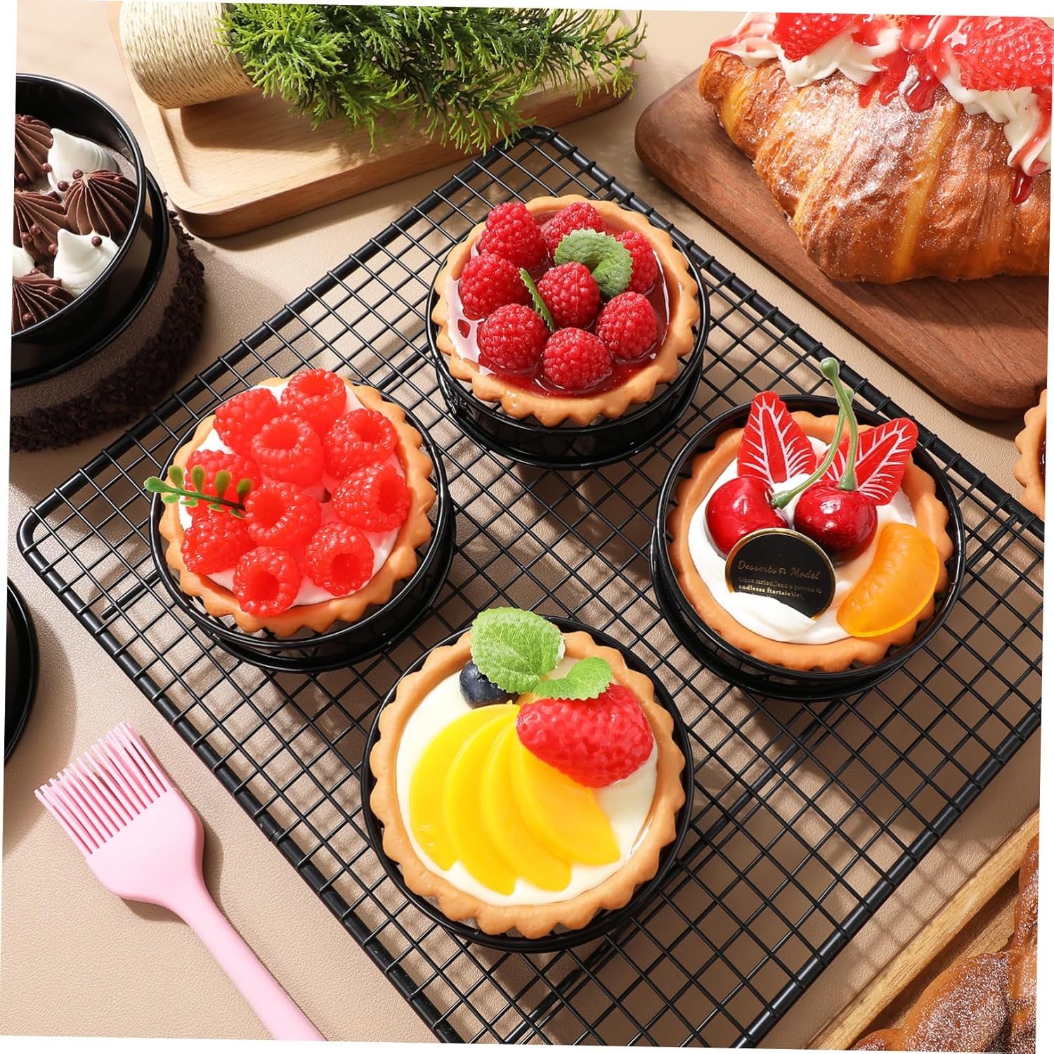 Cabilock 1 Set Nonstick Baking Rings Muffin Tart Molds with Brush Double Rolled Edge for Shaped Cookies Tarts Eggs Versatile Baking Tool