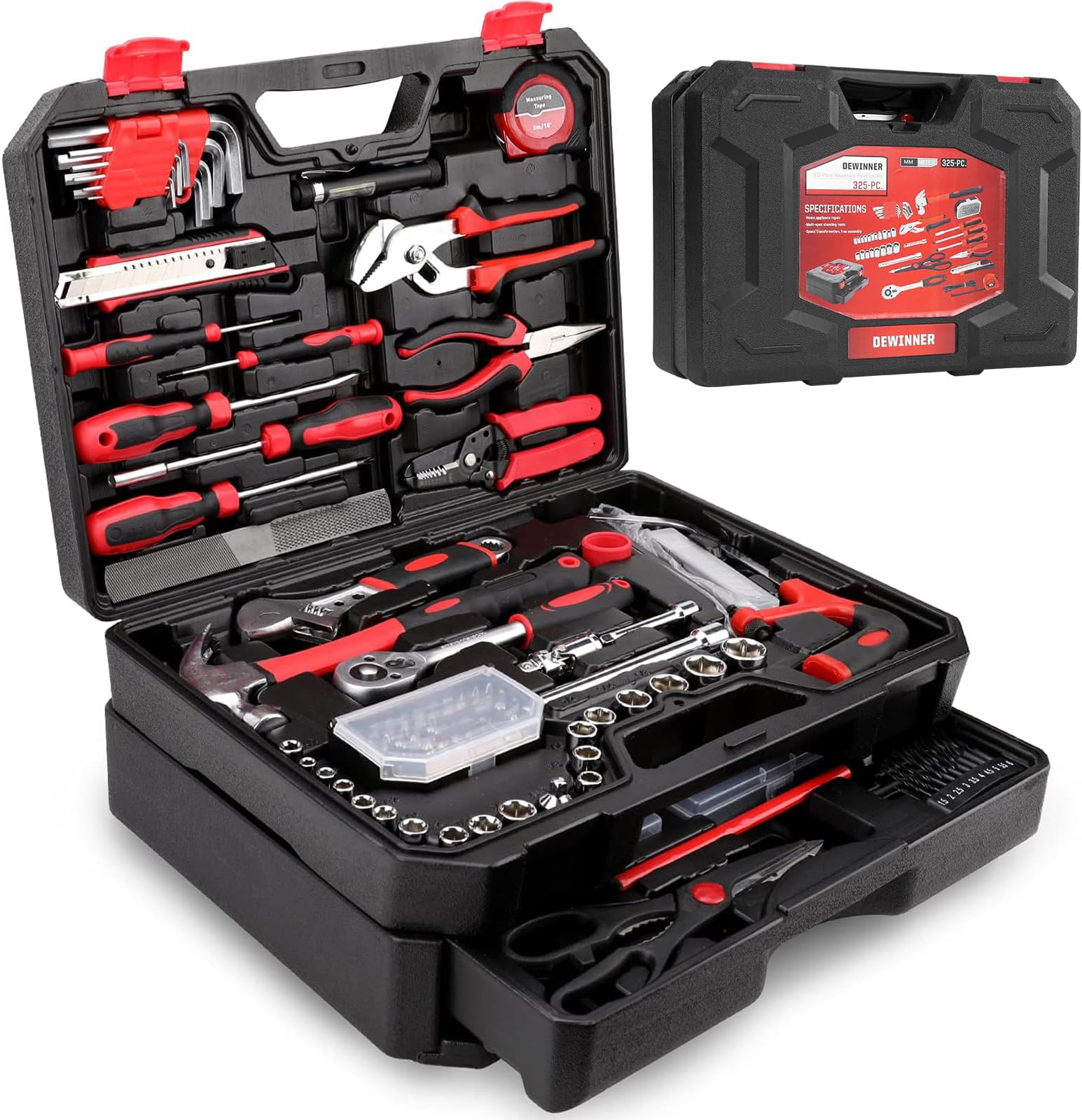 DEWINNER 325pcs Hand Tool Kits for Home, Household Tool Box with Tools Included, Portable Hand Tool Sets for Home Repair and Maintenance