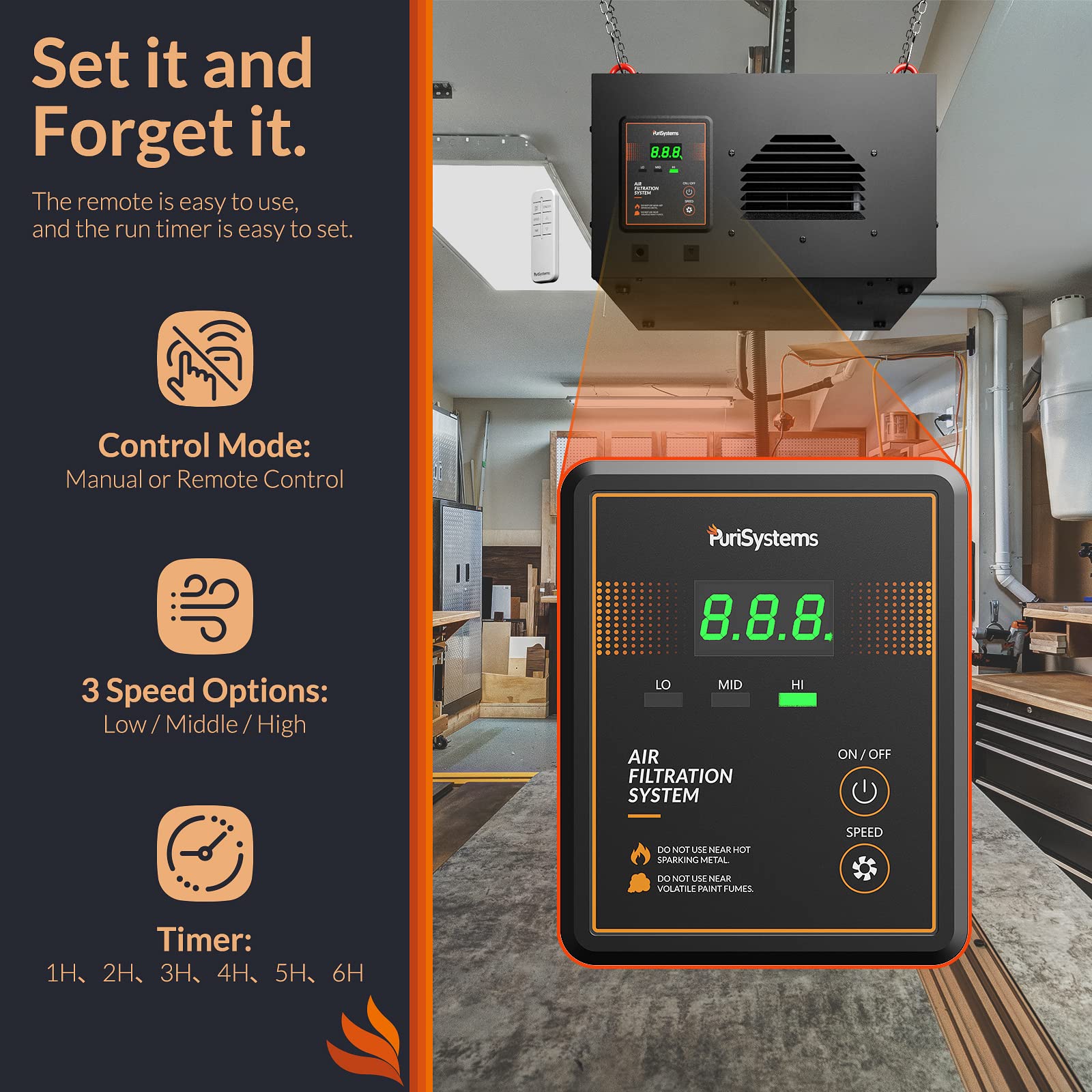 Purisystems - Sistema de filtración de aire remoto de 3 velocidades, filtro de aire colgante PuriCare 500 con control remoto RF para carpintería, purificador de aire de cochera, colector de polvo,