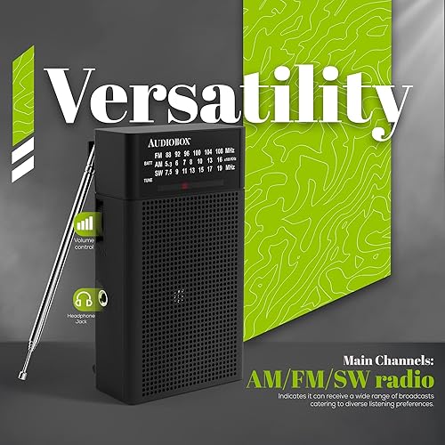 Miniatura 4 de Audiobox Radio portátil  AMFM, funciona con pilas 2AA con recepción de largo alcance para interiores, exteriores  Radio con altavoz y conector para