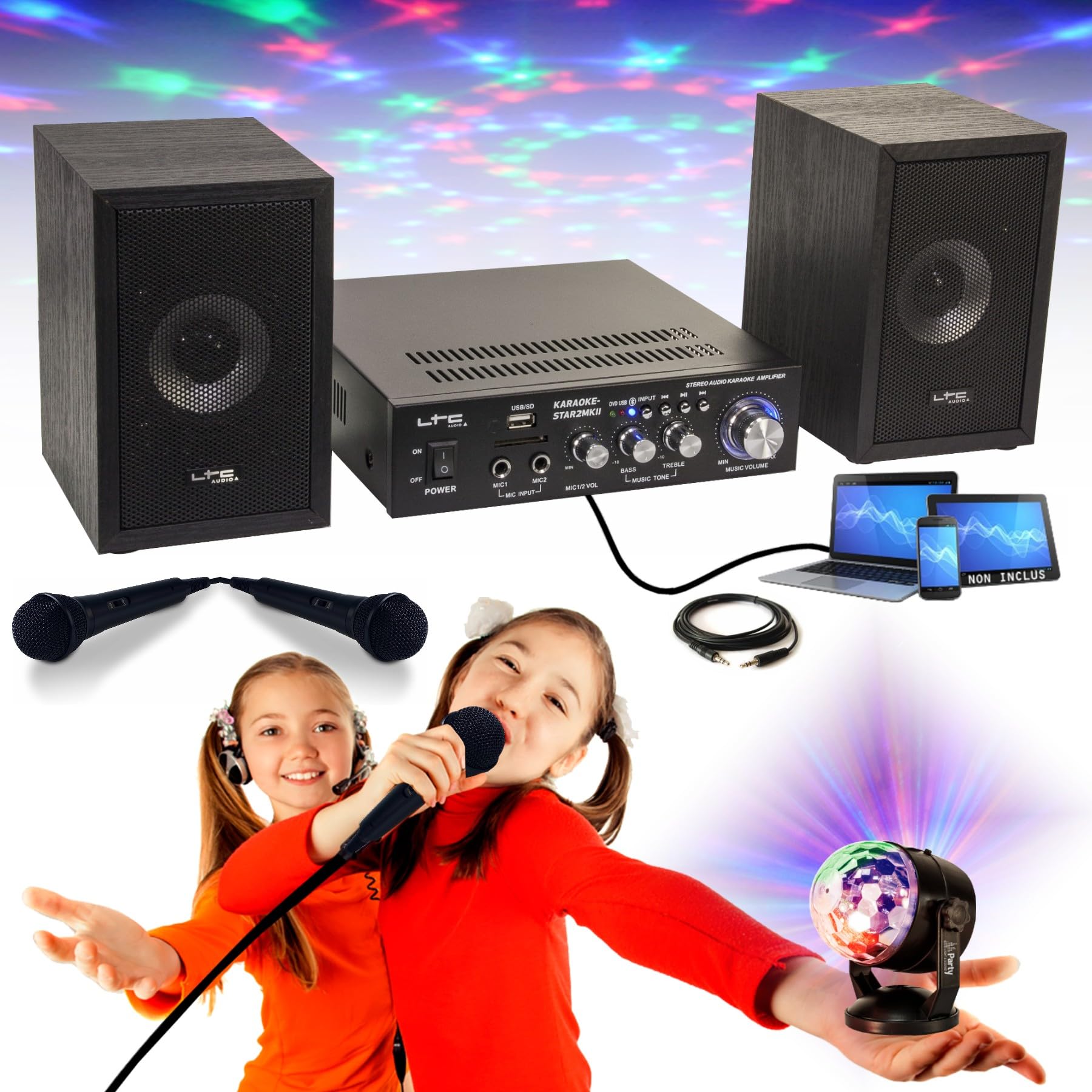 Générique KARAOKE-STAR2MKII LTC - 2 altoparlanti, 2 microfoni, 1 amplificatore Bluetooth USB SD 100 W, gioco luce astro RGB – regalo sera festa