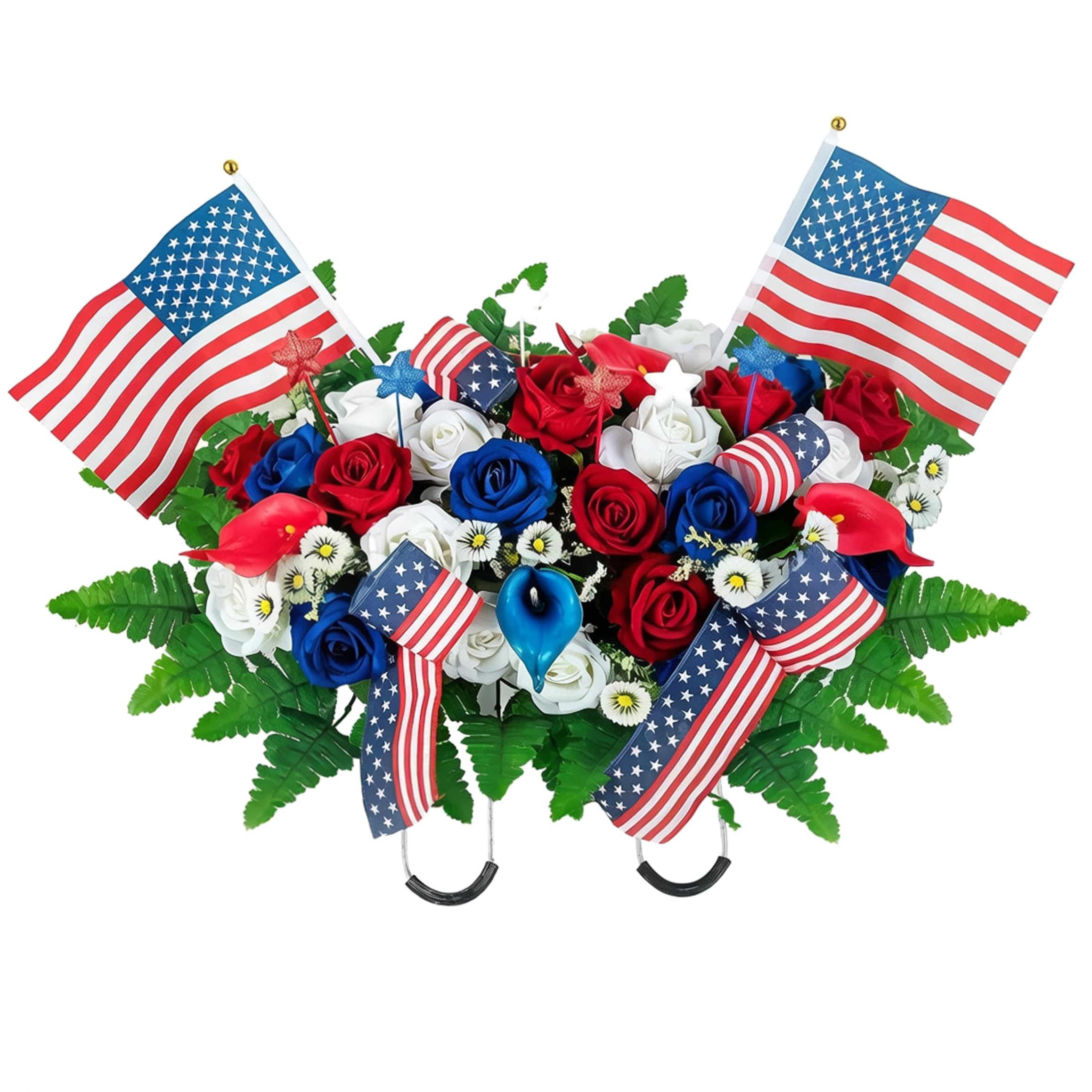 Monetais Headstone Flower Saddle, Patriotic Memorial Day Cemetery Flowers for Grave - Headstone Flower Saddle with Flag Elements, Red White Blue - 25.59 X 13.78 Inch cemetery flowers for grave