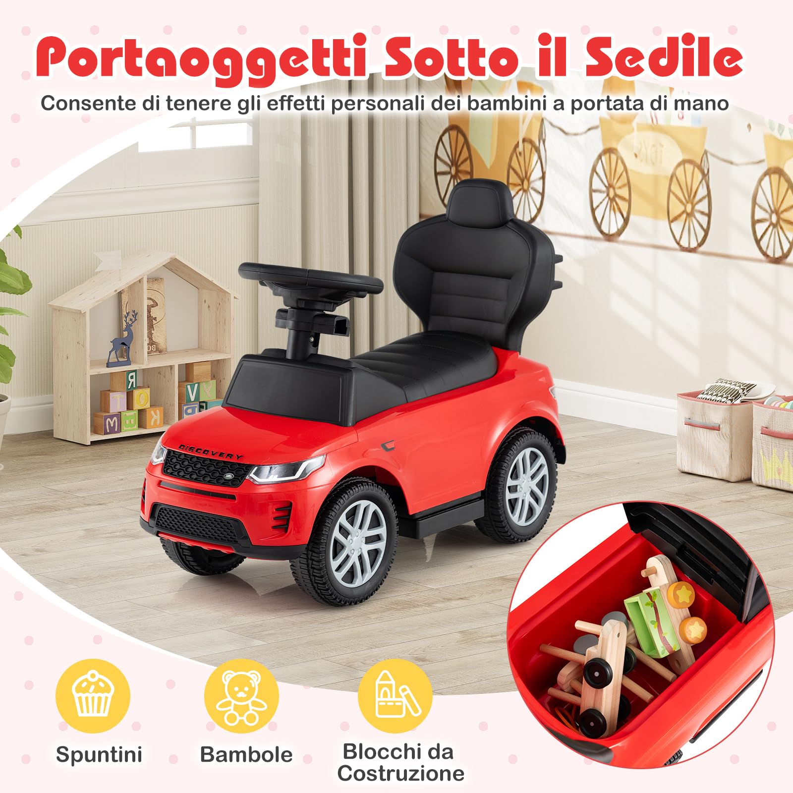 COSTWAY 3 in 1 Auto a Spinta, Macchinina a Pedale con Manico Removibile e Paracolpi, Clacson e Suodo di Avvio, Macchina Cavalcabile per Bambini 18-36 Mesi (Rosso)