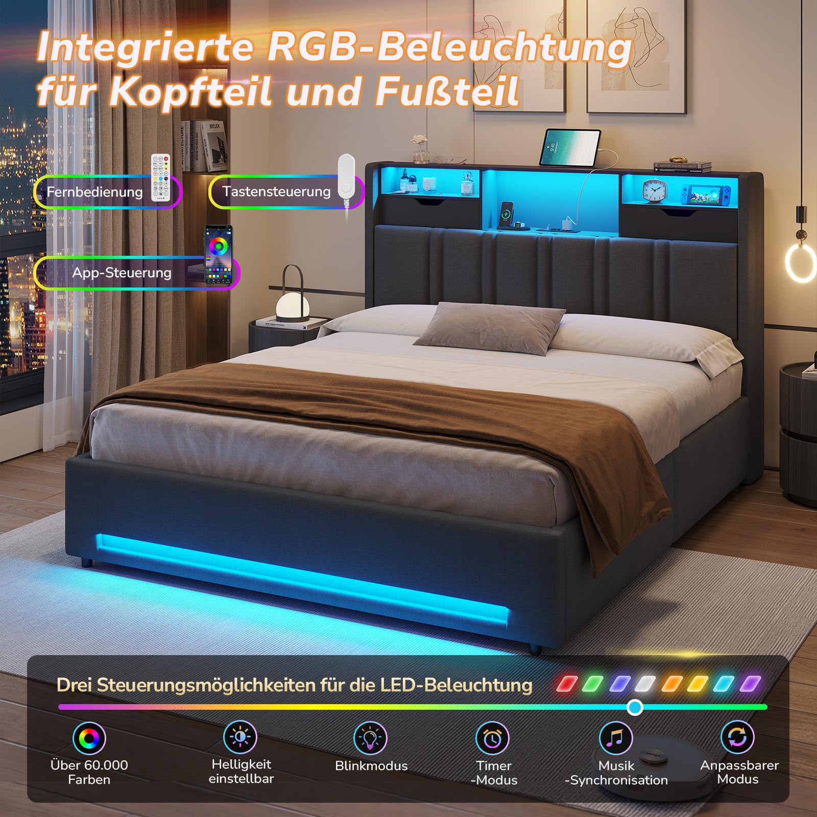 DICTAC Bett 160x200 Grau mit LED und USB-C – Polsterbett mit Bettkasten, Hydraulik, Stauraum 30cm, inkl. Lattenrost, gepolstertes Kopfteil mit Ladestation, Doppelbett für Erwachsene