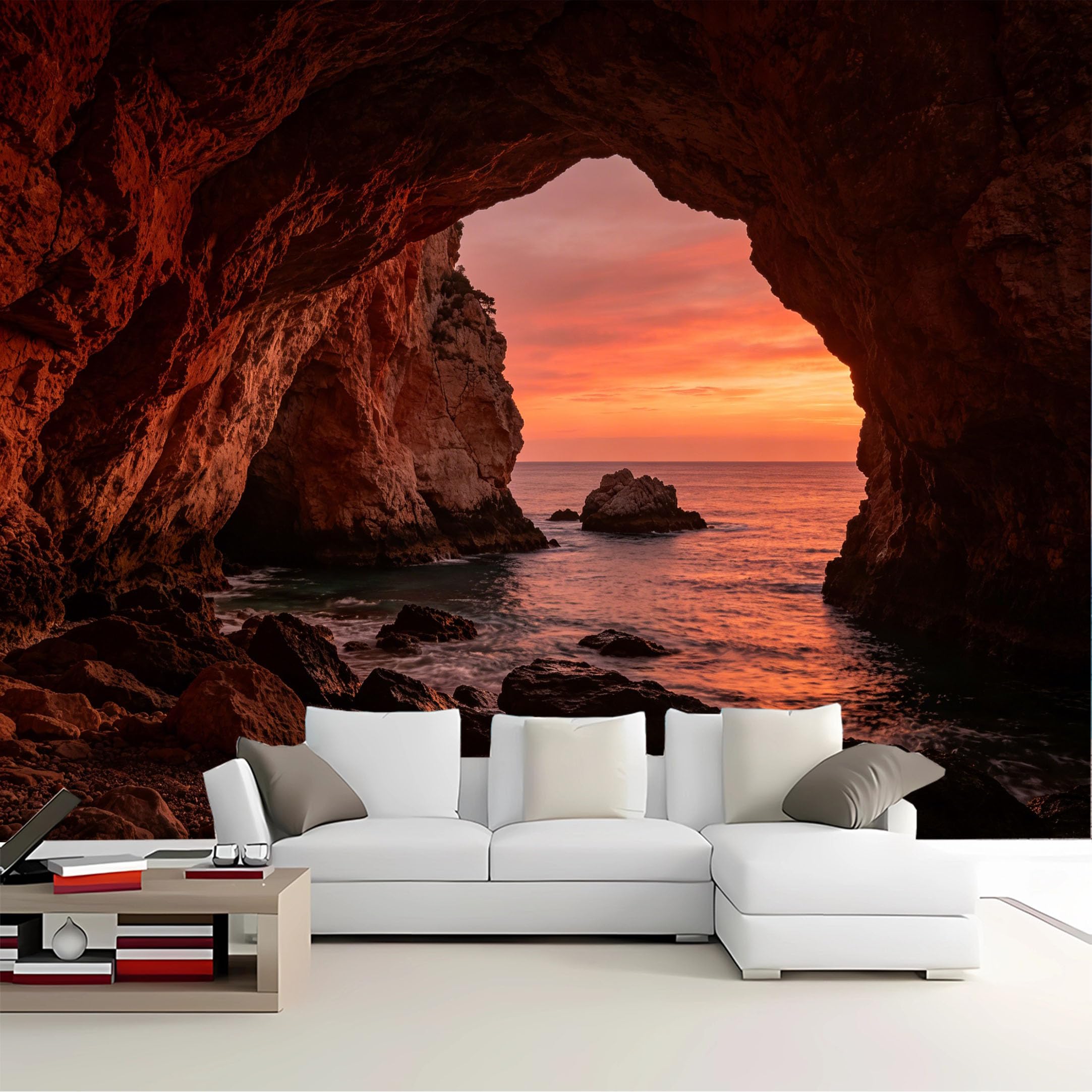 Custom Size Wall Mural Cave View Ocean Sunset Removable Self Adhesive Peel and Stick Wallpaper for Bedroom Living Room Dining Room