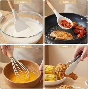 Kitchen Utensils Set, 12 Pcs Silicone Cooking Utensils Set with Wooden Handle, Non Stick Heat Resistant Kitchen Utensil Accessories Set Easy Clean (Off White)