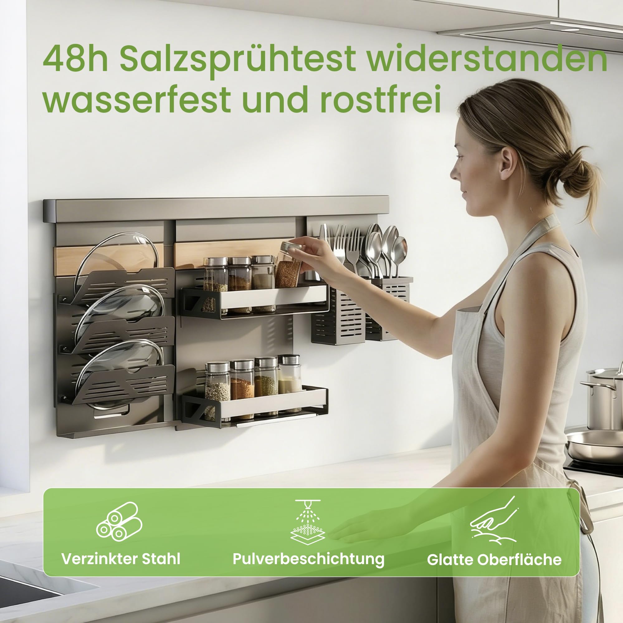 Mai & Mai 2-Stöckiges Gewürzregal mit Topfdeckelhalter und Besteckhalter | Küchen Organizer abnehmbar, Küchenregal Wand Metall inkl. Handyhalter und 5 Haken, Schiene 82 cm Grau Reglo-09-11-12