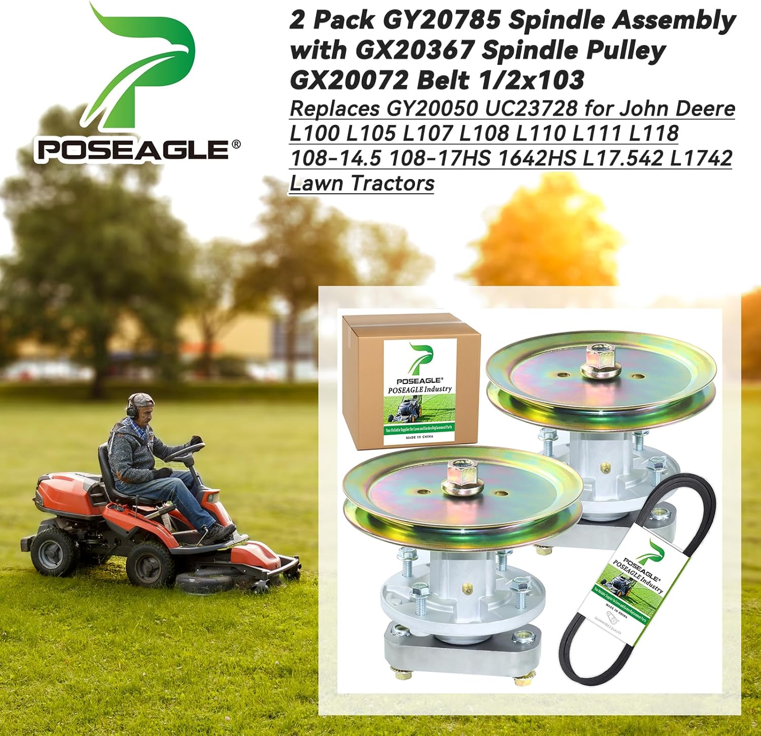 2 Pack GY20785 Spindle Assembly with GX20367 Pulley GX20072 Belt 1/2x103 Replace John Deere GY20785 GY20050 UC23728 for John Deere L100 L105 L107 L108 L110 L111 L118 L1742 L17.542 42" Tractor