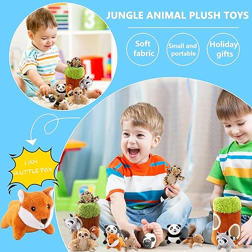 Miniatura 4 de Paquete de 8 juguetes de peluche de animales de la selva, casa de árbol de felpa con bosque, safari, panda, perezoso, zorro, mapache, búho, agujero