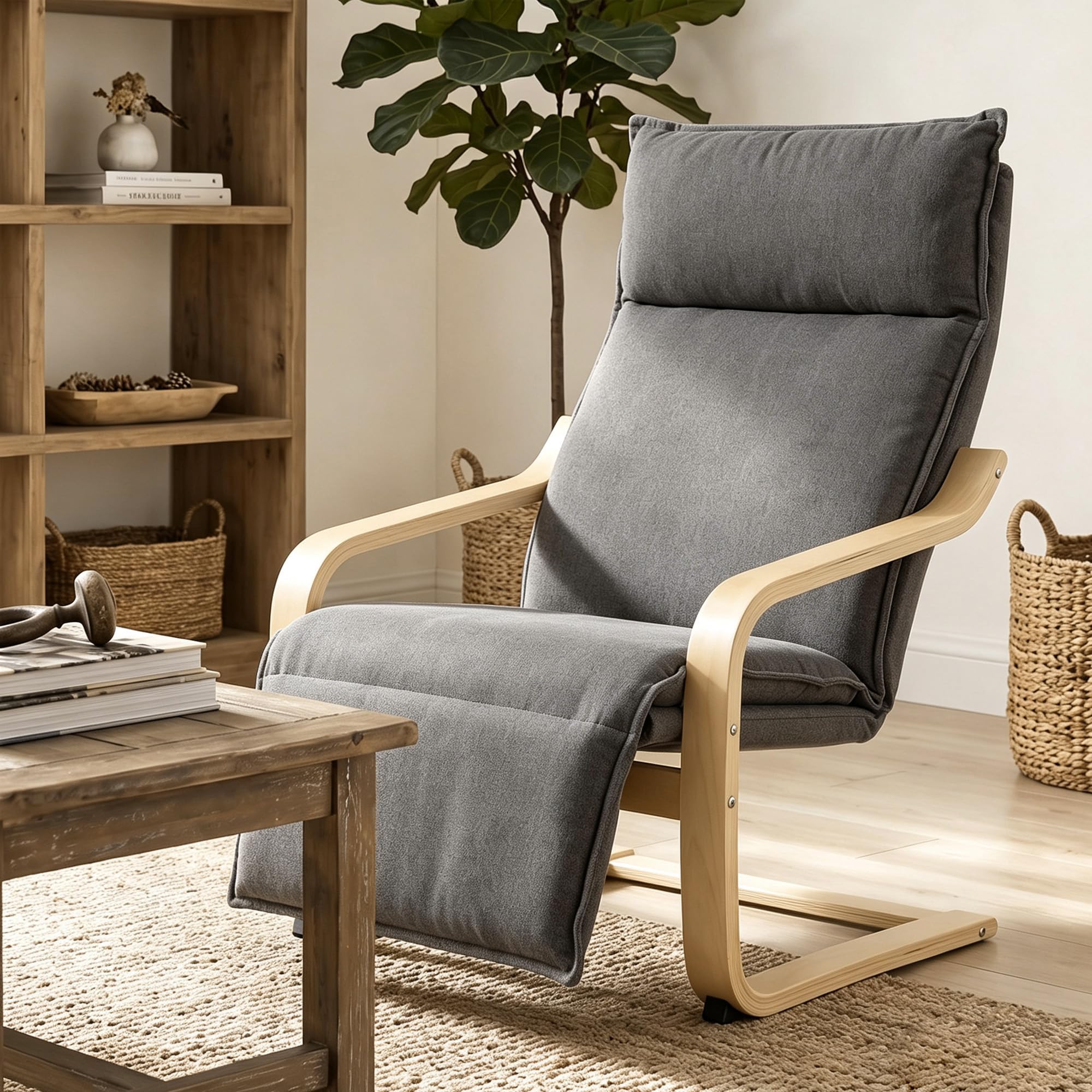 HOMCOM Poltrona Camera da Letto in Legno di Betulla con Poggiapiedi, Poltroncina Dondolo Ergonomica in Tessuto Effetto Lino, Seduta Imbottita, Braccioli Curvi, per Salotto e Soggiorno, Grigio Scuro