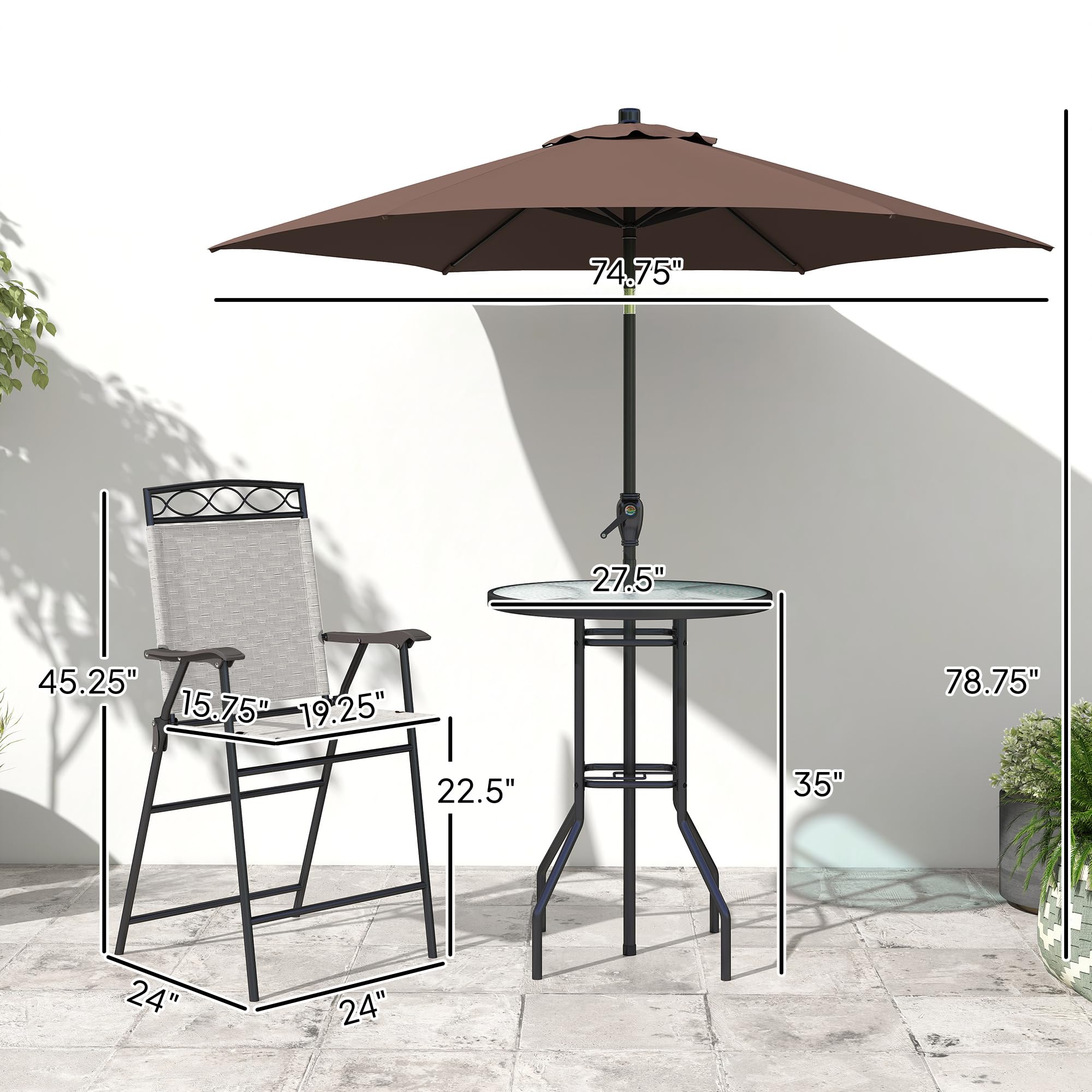 Juego de 4 muebles de comedor para patio al aire libre, 2 sillas plegables, paraguas de ángulo ajustable, mesa de comedor de vidrio templado con textura ondulada, color beige 7