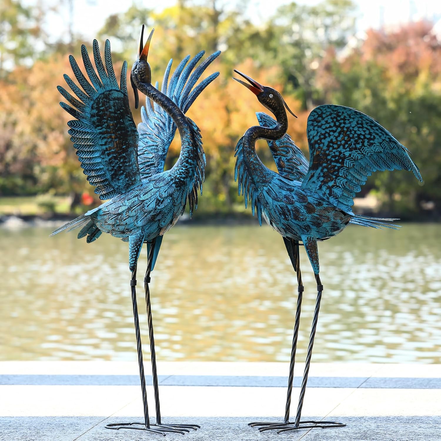 Natelf Garden Crane Sculptures & Statues, Blue Heron Decor Outdoor Large Bird Yard Art, Standing Metal Herons Lawn Ornaments for Home Patio Porch Backyard Decorations(Set of 2)
