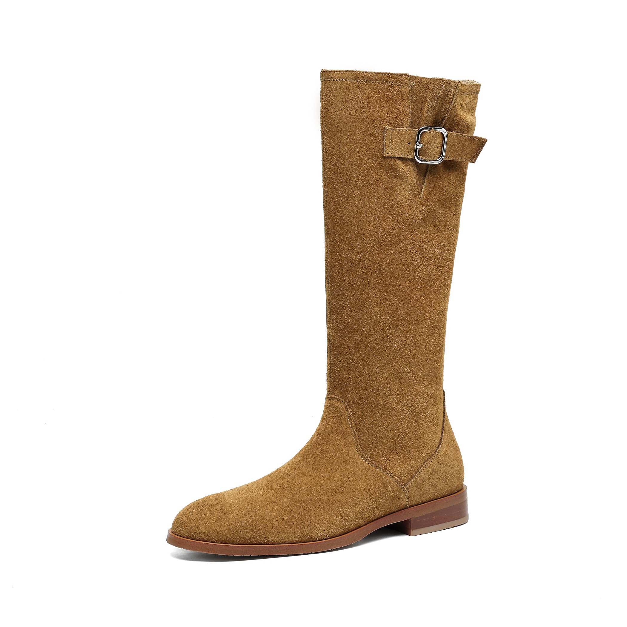Womens Slouchy Knee High Boots in Genuine Suede Casual Pull-On Tall Boot with Top Buckle Strap and a