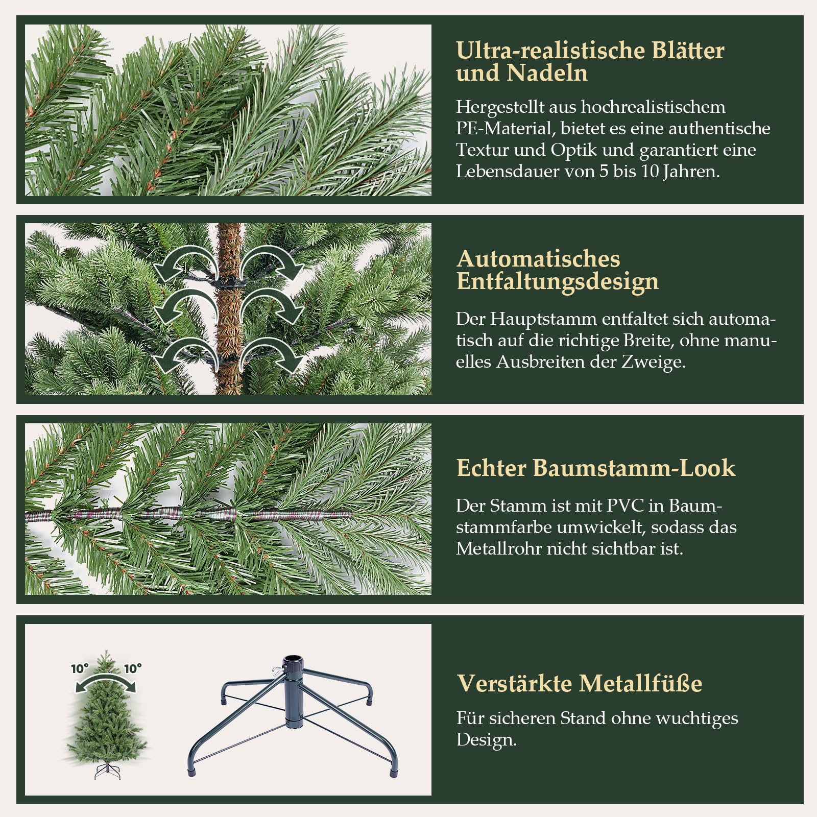 SALCAR Künstlicher Weihnachtsbaum 150 cm aus 90% PE Spritzguss, Premium Nordmanntanne, realistischer Christbaum mit Schnellaufbau Klappsystem