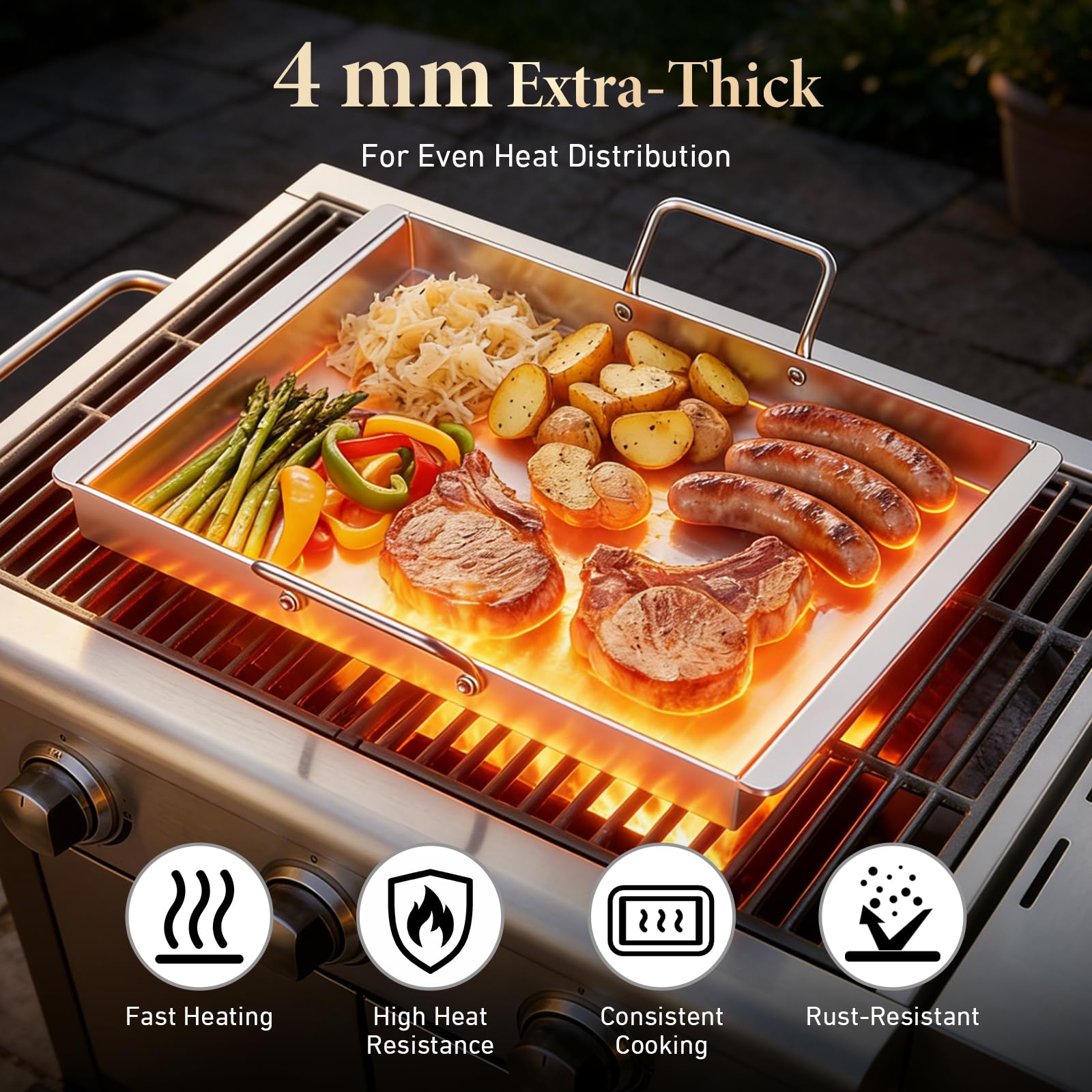 Plancha de acero inoxidable, 54 x 41 cm, placa gruesa de 2 mm, con juego de espátulas incluidas, plancha de gas para barbacoa de gas y barbacoa de carbón
