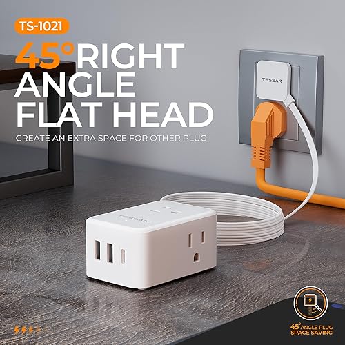 Miniatura 7 de TESSAN - Cable de extensión plano corto, tira de alimentación pequeña con 3 puertos USB (1 USB C), 3 salidas pequeña estación de carga, enchufe