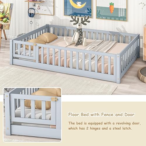 Miniatura 12 de Harper & Bright Designs Cama de suelo tamaño Queen con valla y puerta, marco de cama Montessori de madera para niños, niñas, listones incluidos, no