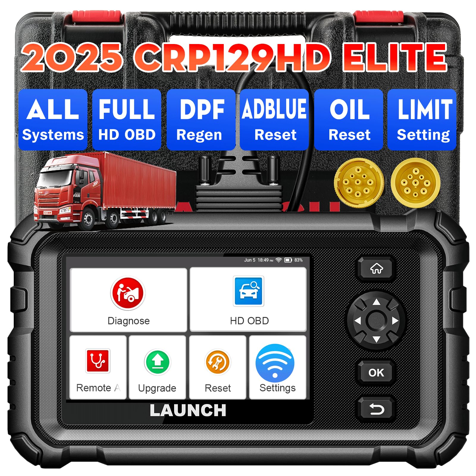 CRP129 HD Schwerlast-LKW-Scanner, Vollsystem-Diesel-Scan-Tool mit 7+ Resets, DPF Force Regen & Reset, Geschwindigkeitsbegrenzung, Öl-Reset für Cummins, Detroit Freightliner International