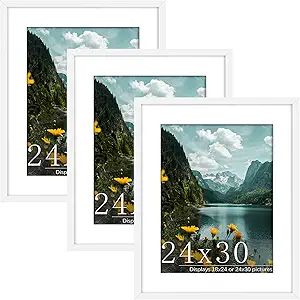 Picrit 24x30 Picture Frame 3 Pack, White Poster Frame, Display Poster 18 x 24 with Mat or 24x30 without Mat for Horizontal or Vertical Wall Mounting