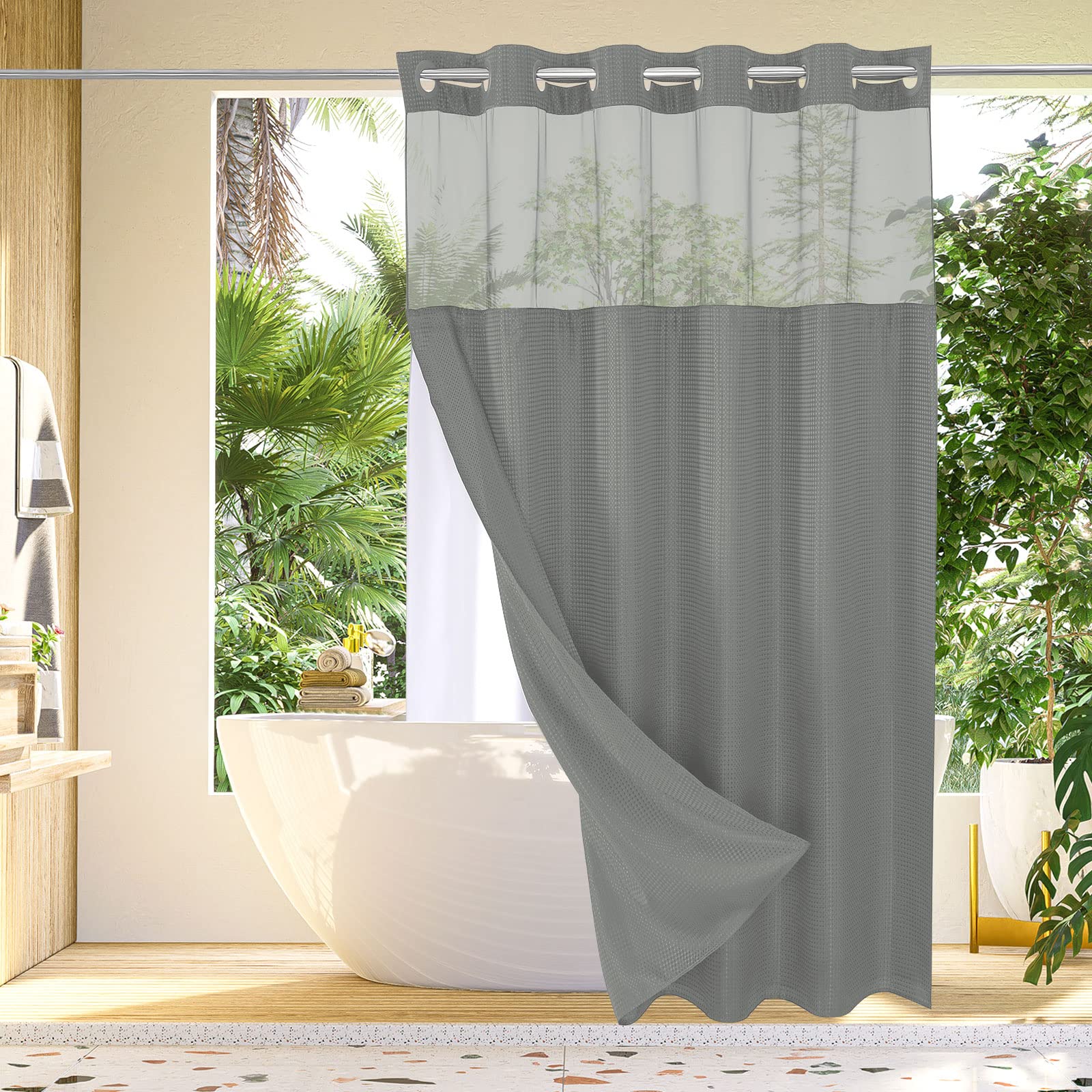 Gibelle Cortina de Ducha Extra Larga Gris de 72 x 86 Pulgadas, Tejido gofre con Forro de Tela a presión, no Necesita Ganchos, Estilo Hotel con Ventana Superior de Malla