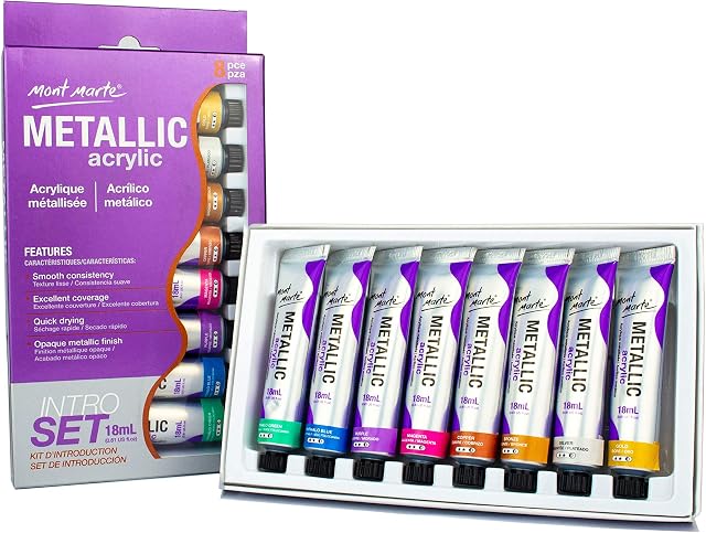 Mont Marte Acrylic Paint Set - Metallic - 8 pieces, 18 ml tubes - Ideal for acrylic painting - Brilliant lightfast colours with high opacity - Perfect for Beginners, Professionals and Artists