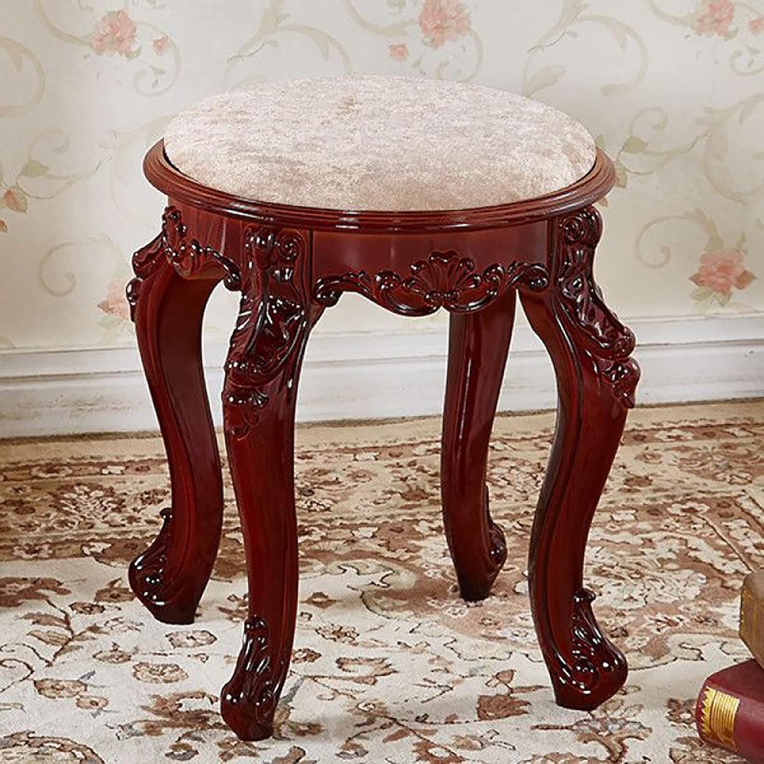 Vanity Stool, Retro Makeup Dressing Bench with Solid Wood Legs, Piano Seat with Carved Flowers, Thick Padded Cushioned Chair, Large Vanity Benches for Bedroom,B