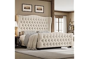 Tufted Bed Frame with Elegant Wingback Headboard and Footboard