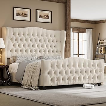 Keyluv Full Size 54.3 Tall Platform Bed Frame with Deep Button Tufted Wingback Headboard and Footboard, Velvet Upholstered Bed Frame with Handmade Pleats, No Box Spring Needed, Beige/Cream