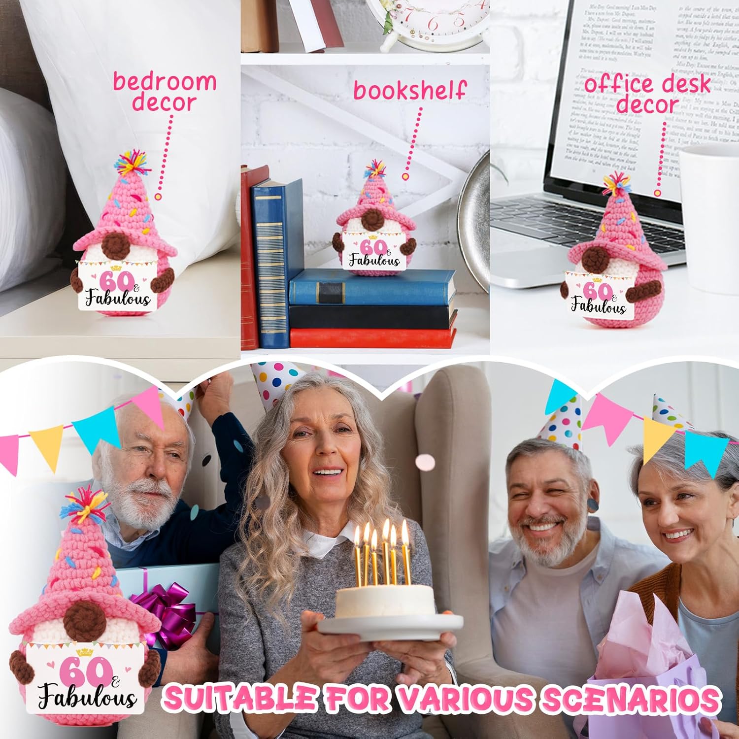 60th Birthday Gifts for Women, 60th Birthday Decorations, Handmade Positive Crochet Gnomes, 60 & Fabulous, 1965, 60 Year Old Bday Gifts for Friends Sister Mom - Image 7