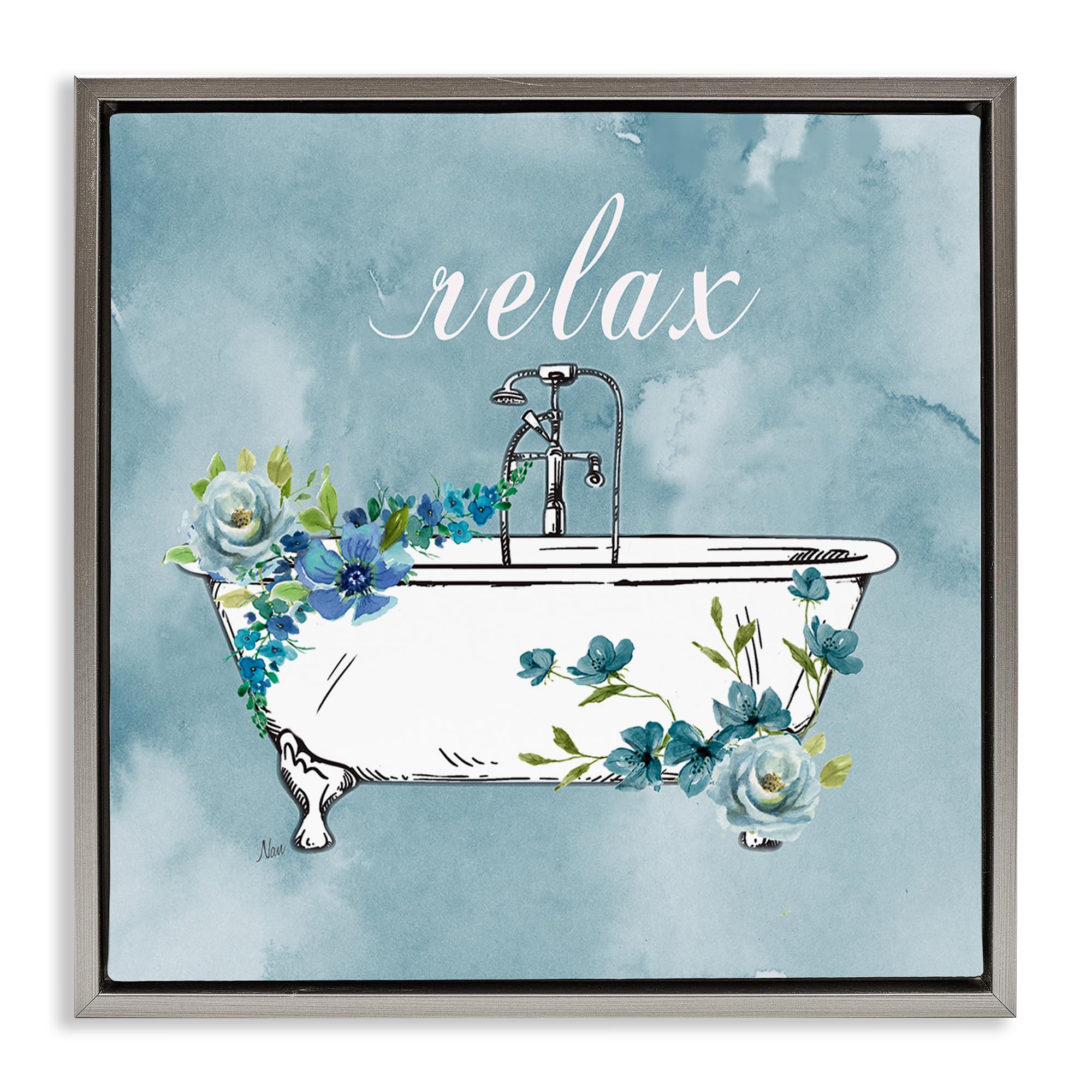 Stupell Industries 'Floral Bathroom Rules Relax', Floating Frame Canvas Art, Gray, 25 x 25 Inches, Easy to Hang and Sturdy, Made in USA, by Nan