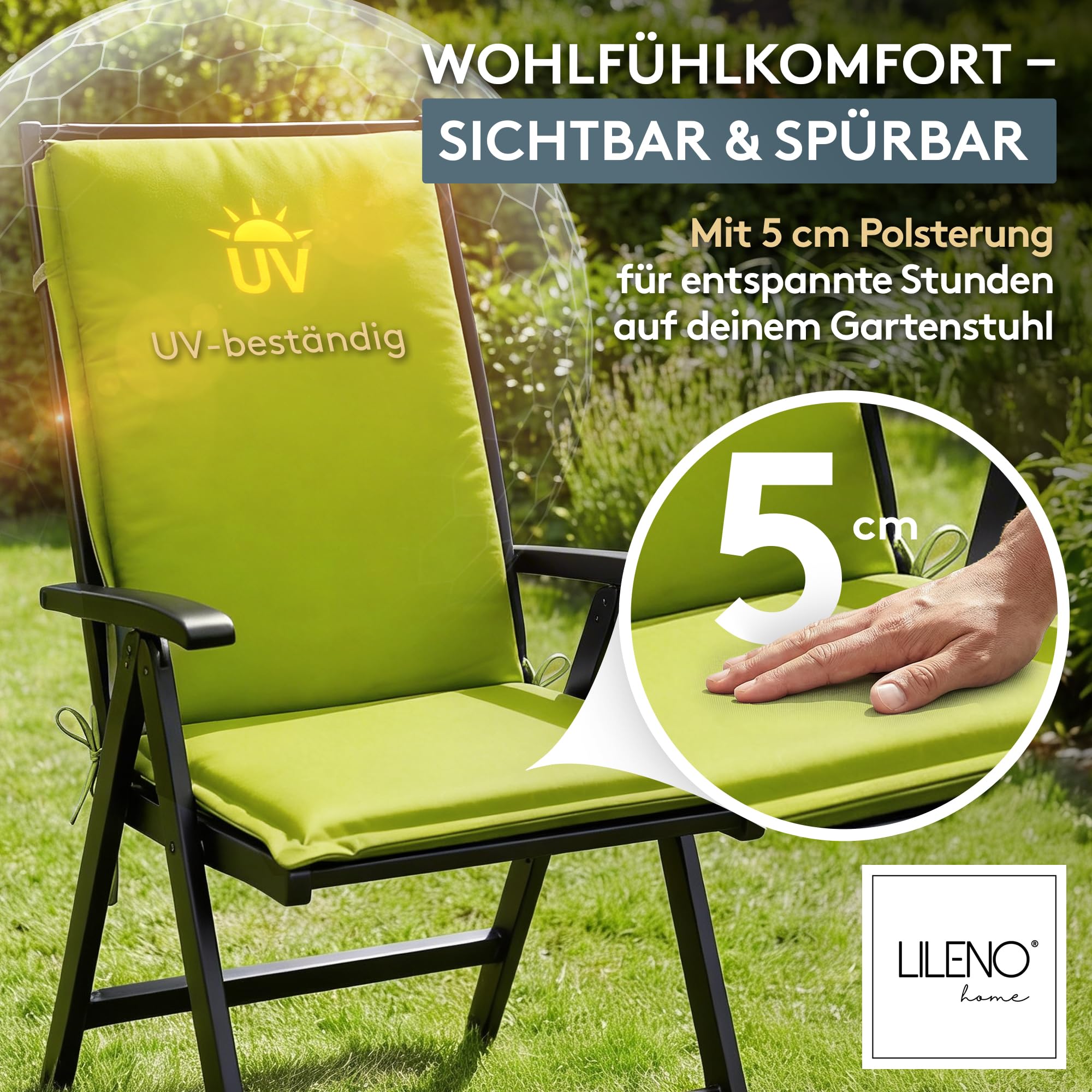 LILENO HOME Gartenstuhl Auflagen [4er Set - Hochlehner] in Apfelgrün - Bequeme Liegen als Sitzauflagen für Gartenmöbel - Stuhlkissen für Gartenstühle und Klappstühle MIA