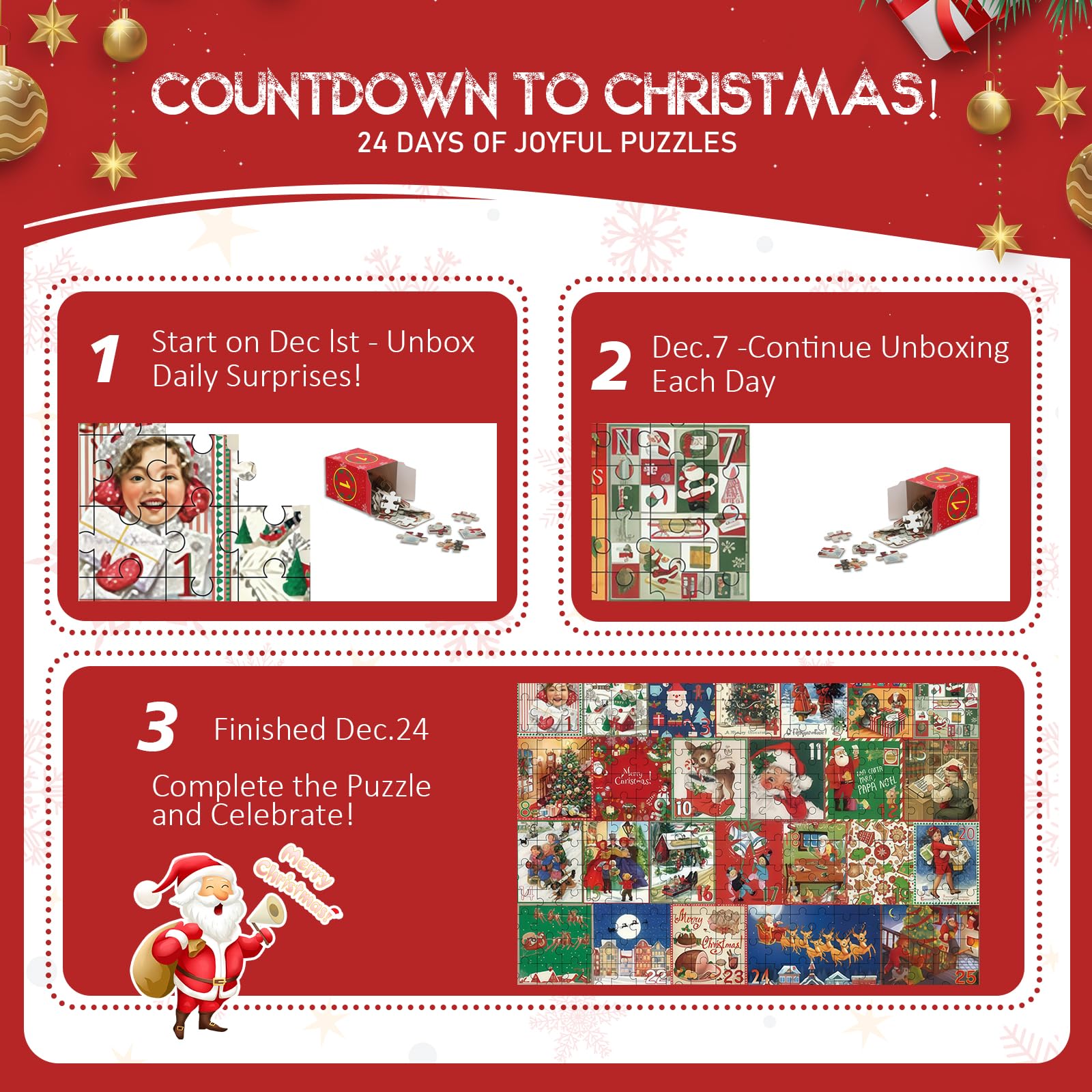 Calendrier de l'Avent, Puzzle de Noël 1000 Pièces avec 24 Boîtes Calendrier Avent Cadeau pour Enfants, Filles et Garçons - 4