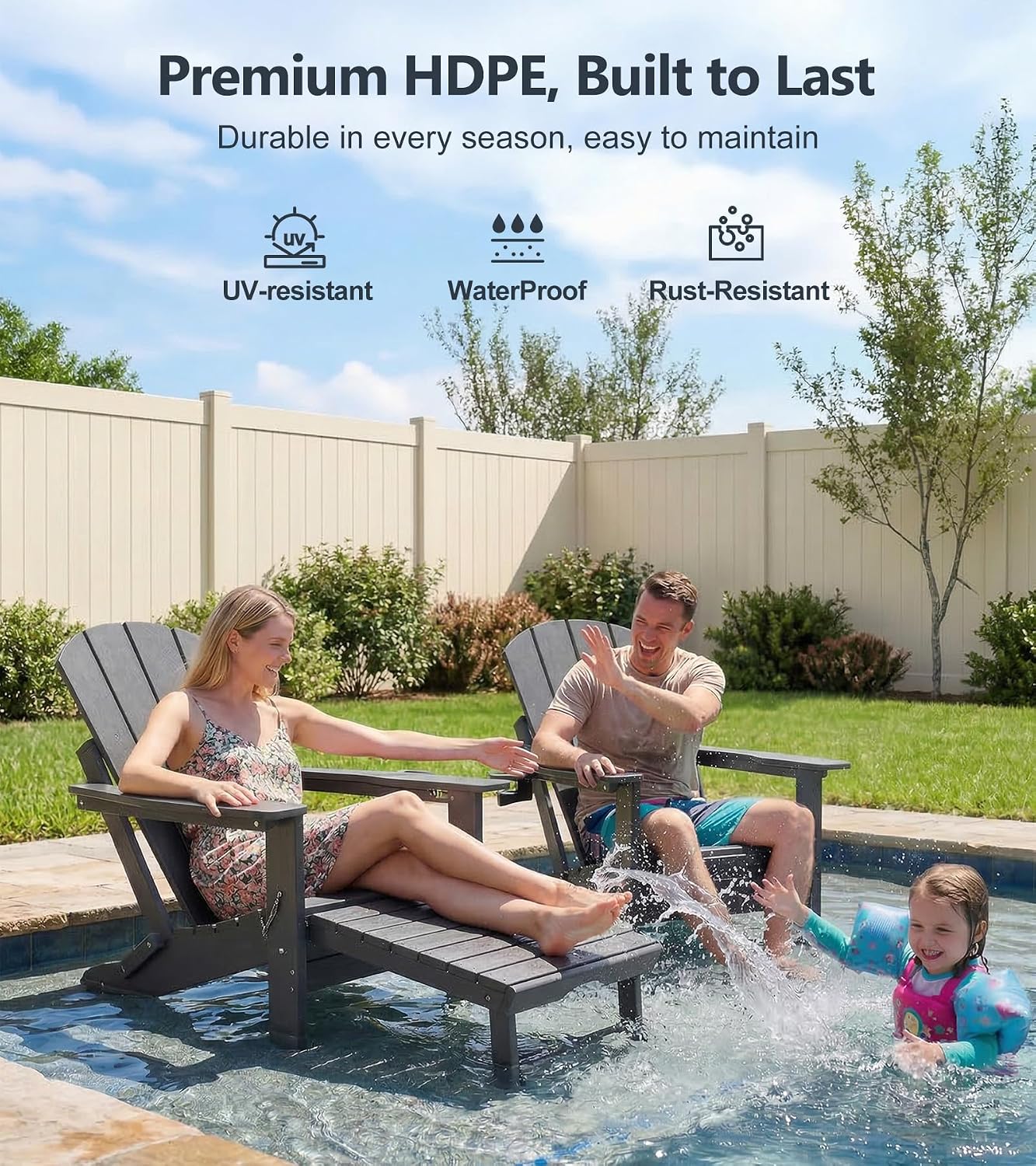PASAMIC Folding Adirondack Chairs Set of 2 with Retractable Ottoman, 5-Position Adjustable Backrest, HDPE All-Weather Fire Pit Chairs with 2 Hidden Cup Holders, Wood-Look Outdoor Chairs, Grey
