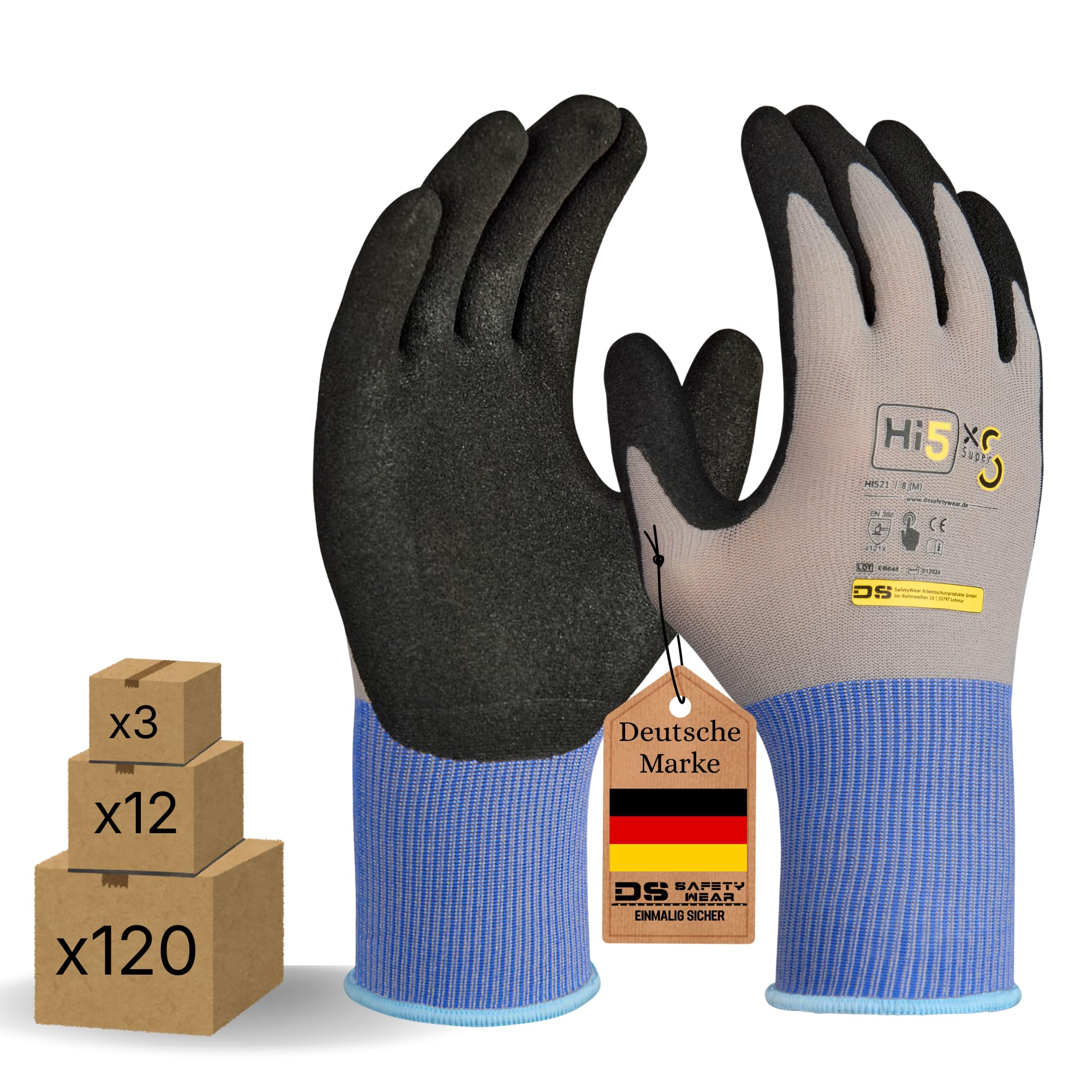 Hi5 X-Super S Arbeitshandschuhe 4121X – Sandy-Nitril-Beschichtung – 15G Nylon/Spandex – hoher Grip bei Nässe & Öl – EN 388 – Touchscreen – grau/schwarz (S, 120, stück)