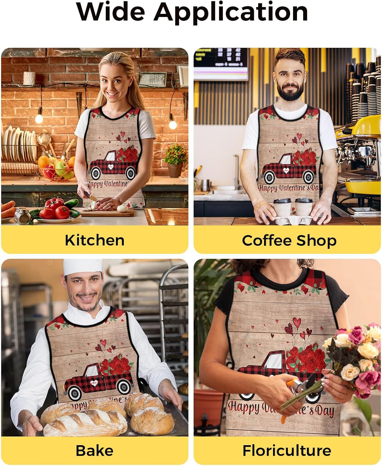 Unisex Cobbler Apron with 2 Pockets, Happy Valentine's Day Buffalo Plaid Truck with Roses Waterproof Vest Kitchen Chef Apron, Smock Apron Vest Cobbler Aprons for Women Men, 2 Pack, 20” x 31.5”