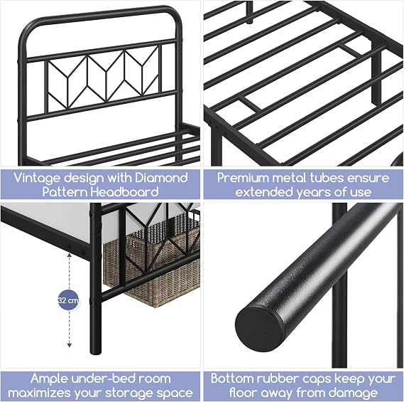 Yaheetech 3ft Single Metal Bed Frame Diamond Pattern Headboard, Black