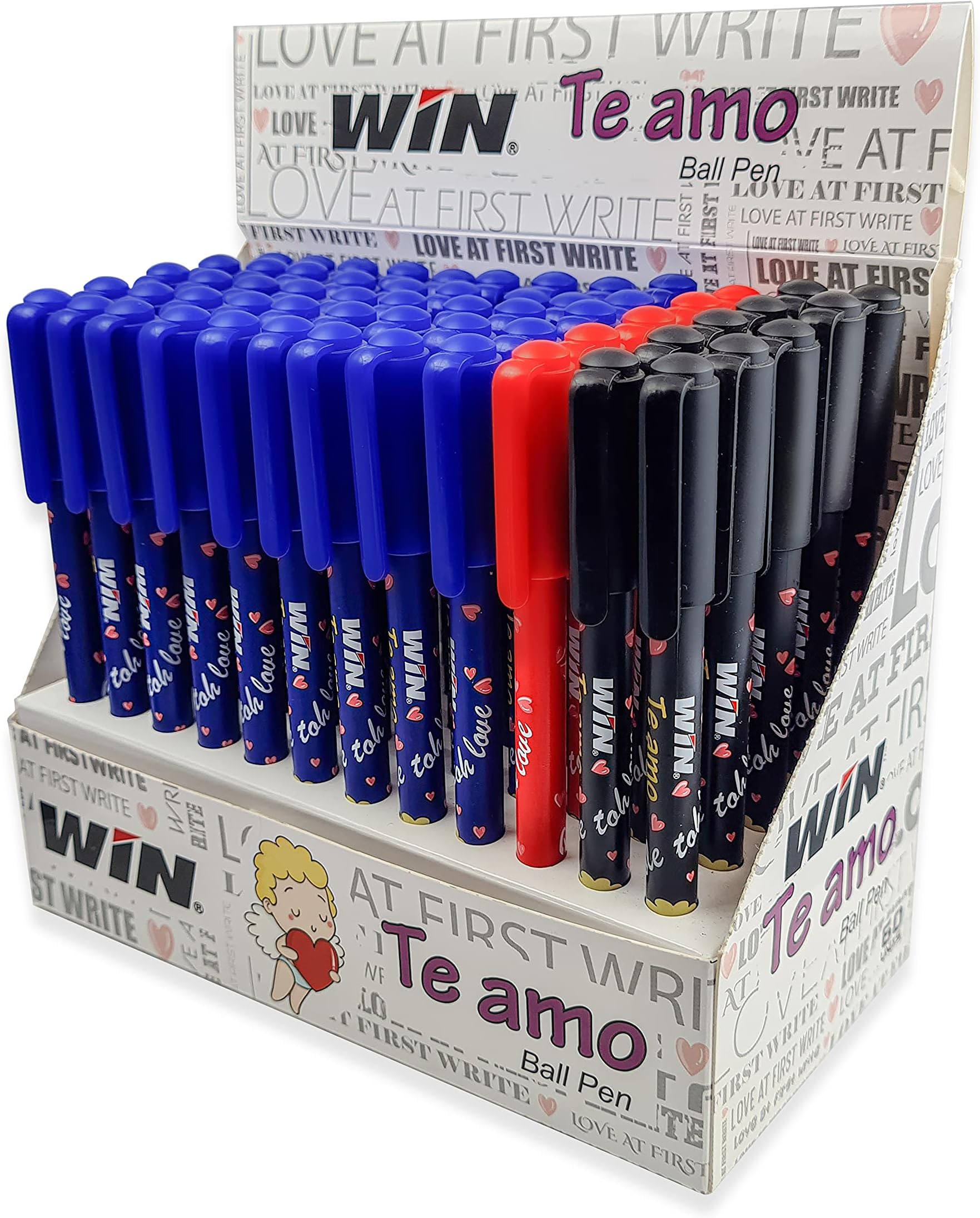 WIN Te Amo Ball Pens | 60 Pens (45 Blue Ink,10 Black Ink & 5 Red Ink) | The Magic of Gel in a Ball Pen | Stylish Body with Angel & Hearts | Pens for Writing | 0.7 mm Tip | Perfect for Students & Exams