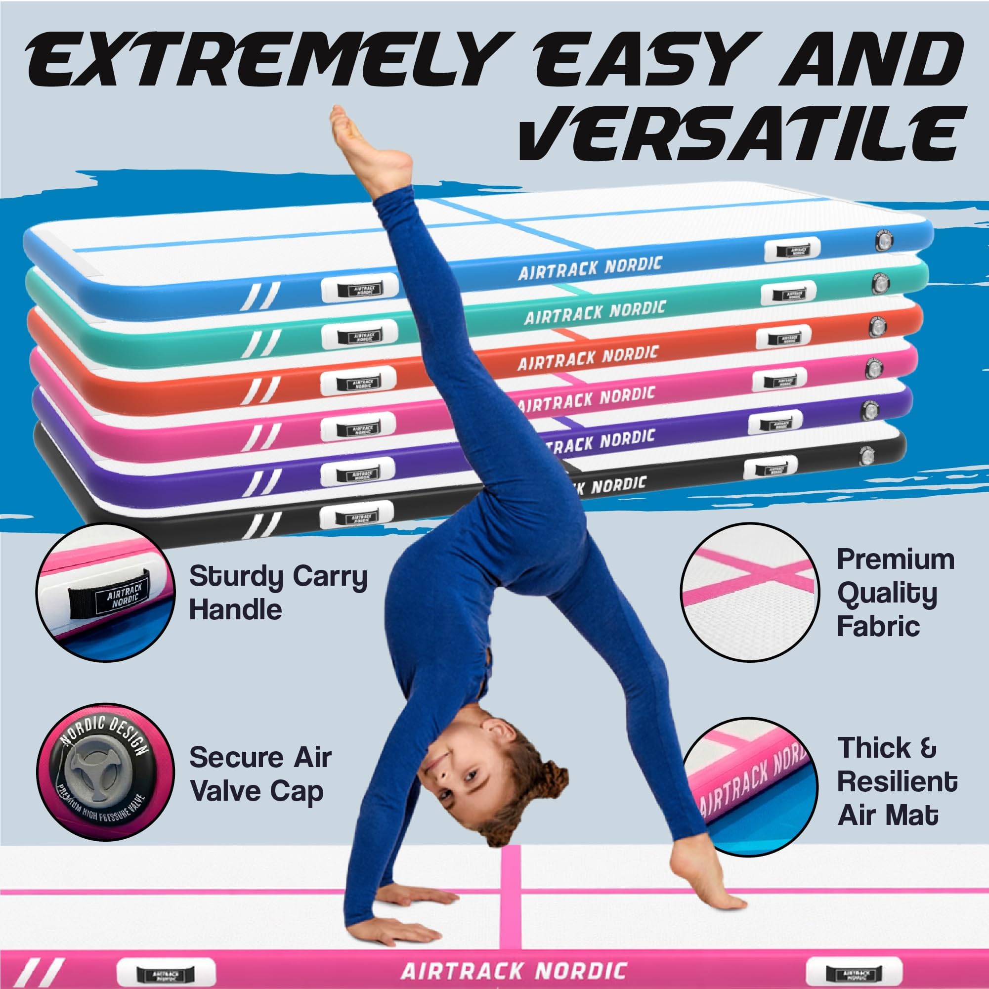 AirTrack Nordic Home 3m - Turnmatte Aufblasbar mit elektr. Luftpumpe & Tragetasche - Langlebig Air Track Matte für Gymnastik, Yoga & Fitness, Leicht transportierbar Air Tracking Gymnastikmatte Zuhause