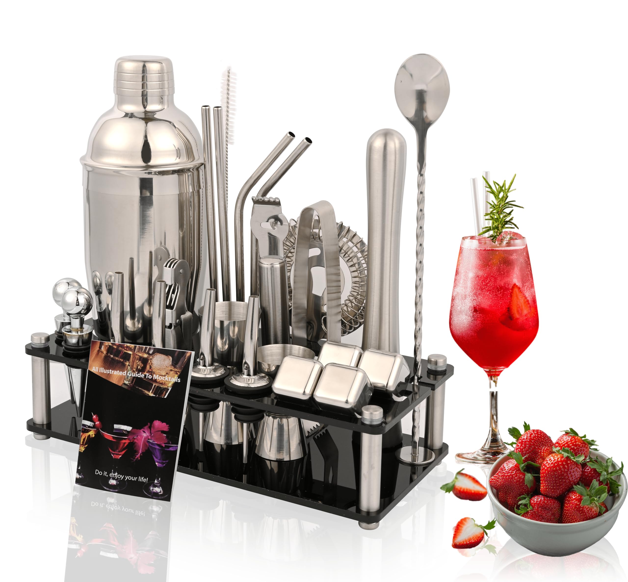Mixology Bartender Kit, 26-Piece Cocktail Shaker Set Stainless Steel Drink Shaker Bar Set with Acrylic Stand & Cocktail Recipes Booklet, Perfect Cocktail Set for Drink Mixing, Home, Bar and Parties