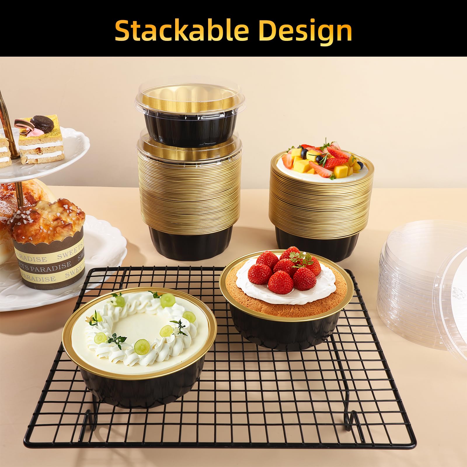 Beasea Creme Brulee - Ramequines desechables con tapas, paquete de 120 mini moldes de aluminio de 8 onzas, 4 pulgadas, color negro y dorado, pequeños moldes redondos para tartas, recipientes