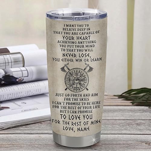 Miniatura 9 de Vaso de acero inoxidable personalizado con texto en inglés "To My Son Viking", vaso curvado de 20 onzas (124)