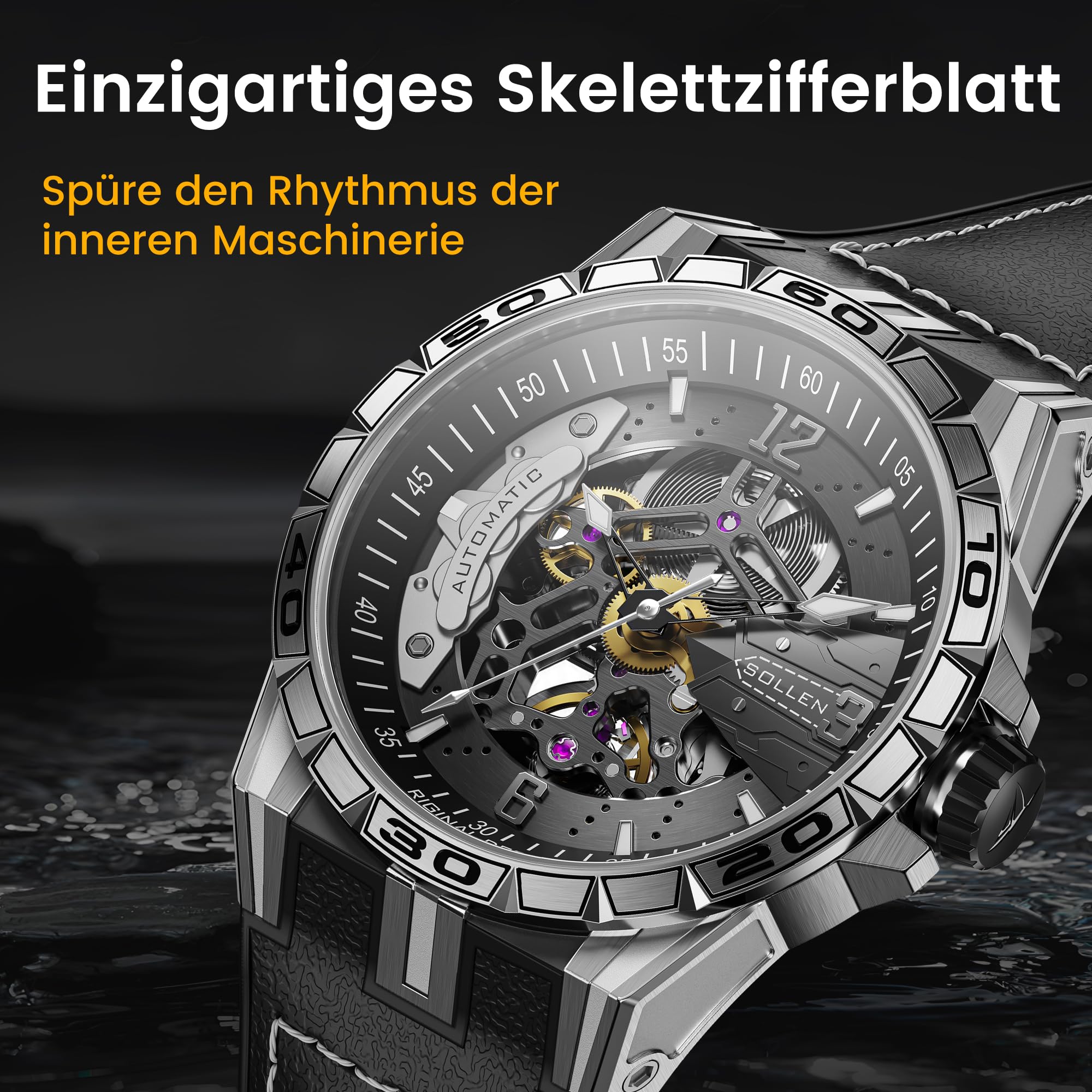 SOLLEN Skelett Uhren Herren Automatik,Mechanische Armbanduhren Herren,Klassische Minimalistische Herrenuhren Luxus,5ATM Wasserdicht Leuchtend Selbstaufzug Automatische Uhr als Geschenk für Männer