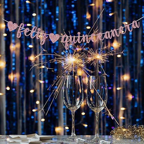 Miniatura 4 de Cartel de Feliz Quinceañera, oro rosa con purpurina Happy Quinceañera/Princesa De Quince/Mis Quince 15, suministros de decoración de fiesta de