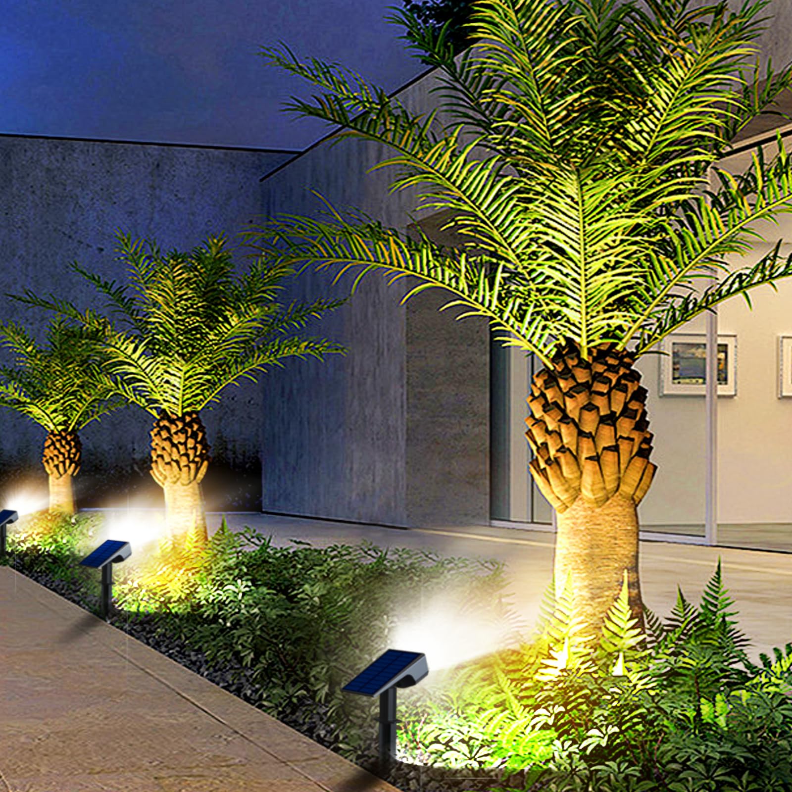 Luces Solares LED Exterior Jardin, 4 Piezas Focos LED Exterior Solares Jardin Potentes 32LED 3 Modos de Luz, Impermeable IP65 Lamparas Solares Lampara Foco Luz Solar Exterior Jardin Luz Cálida