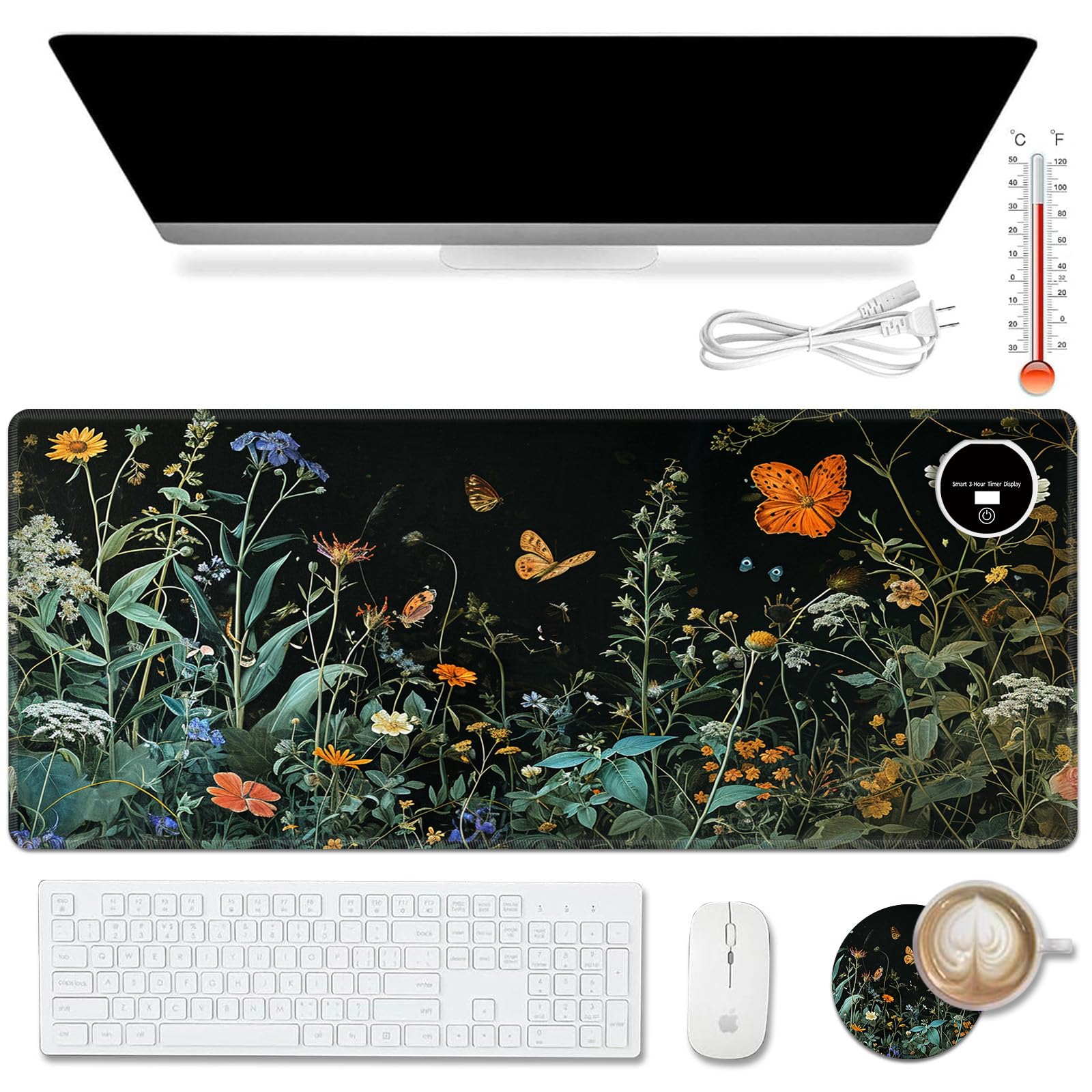 ACWDMKH Warm Desk Pad,Heated Desk Pad,Office Mat,3 Heating Levels & 3 Hours Auto Shut-Off,31.5"*13" Gaming Mouse Laptop Keyboard Leather Desk Mat,Floral Plant Butterfly