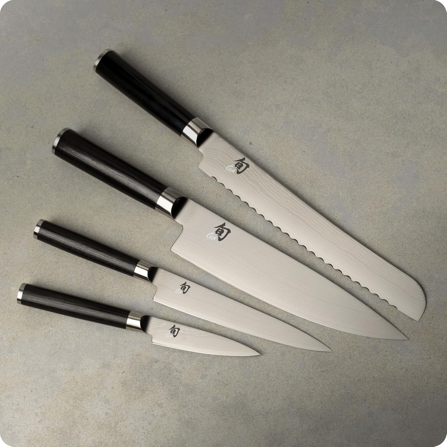 Shun Classic 5 Piece In-Drawer Set, Includes 8" Chef's Knife, 3.5" Paring Knife, 6" Utility & 9" Bread Knife, Handcrafted Japanese Set, Damascus Stainless Steel Cladding, Pakkawood Handle