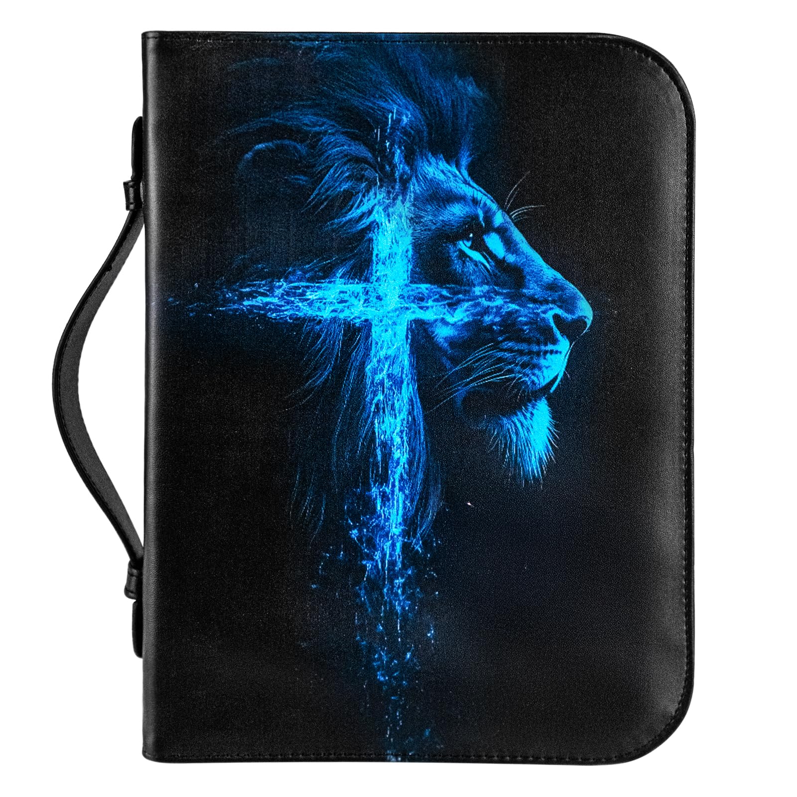 Housse de bible pour hommes et garçons, housse de bible imprimée croix de lion bleu avec poignée et fermeture éclair, sacs bibliques imperméables en cuir synthétique, fournitures d'étude biblique avec