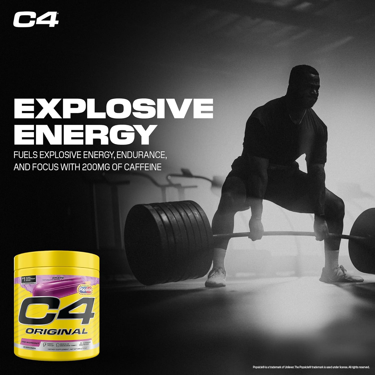 C4 Original Pre Workout – Popsicle Grape - Pre-Workout for Endurance, Focus & Performance with 200mg Caffeine, Beta-Alanine, Creatine Nitrate, L-Arginine & PeptiPump – Sugar Free, 25 Servings