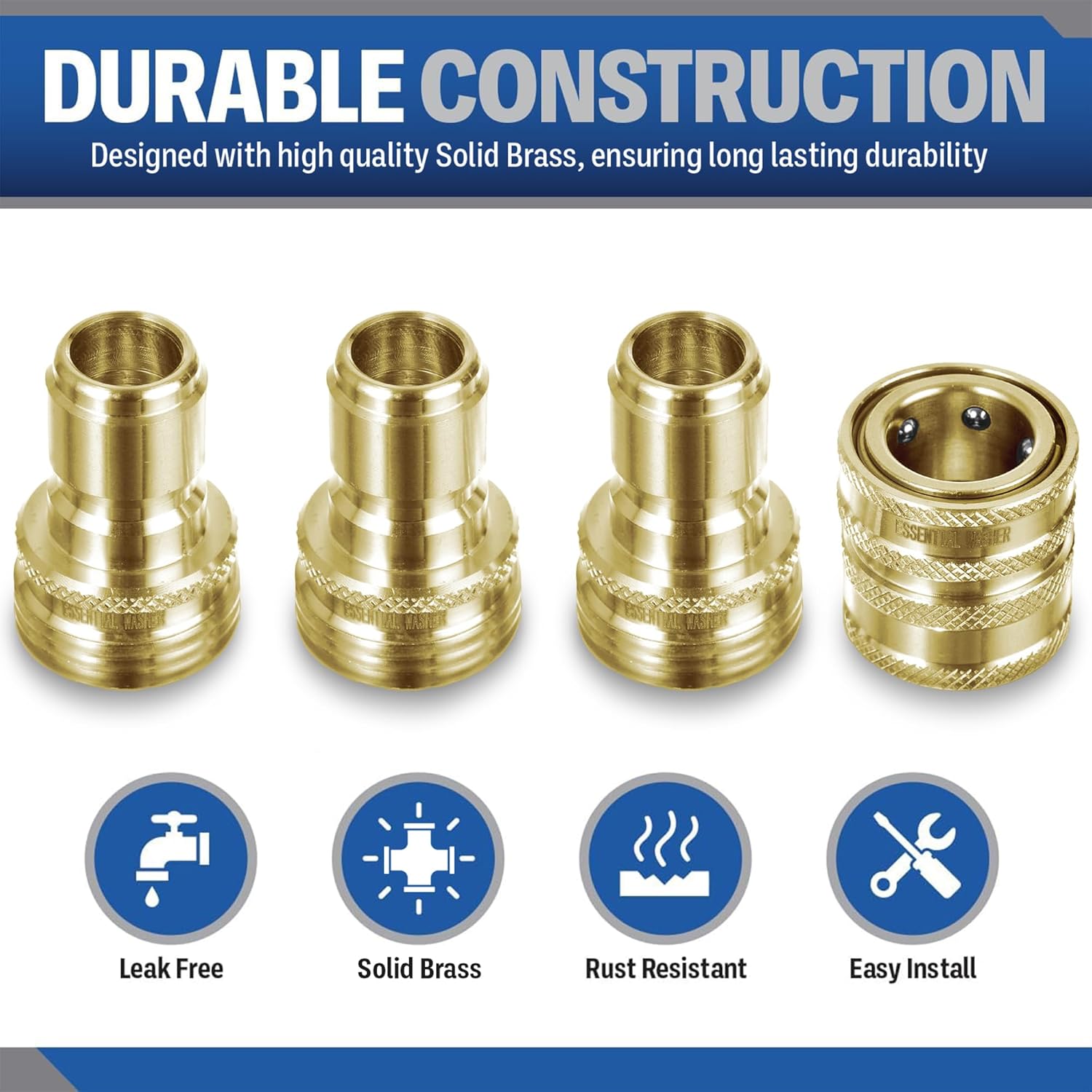 ESSENTIAL WASHER ¾” Brass Garden Hose Quick Connect Fittings | 1 Coupler & 3 Plugs Set